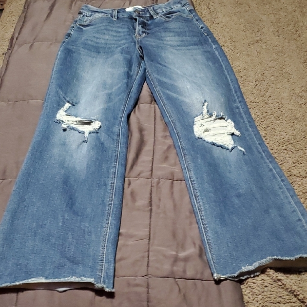 Mica Billie Distressed Flare Jeans in Blue — Women's Wide Leg Denim